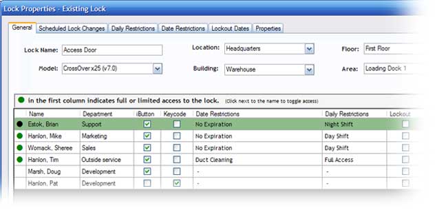 The Lock Properties screen shows who is authorized to use the lock. This is also where you set up your restrictions and apply them to users.